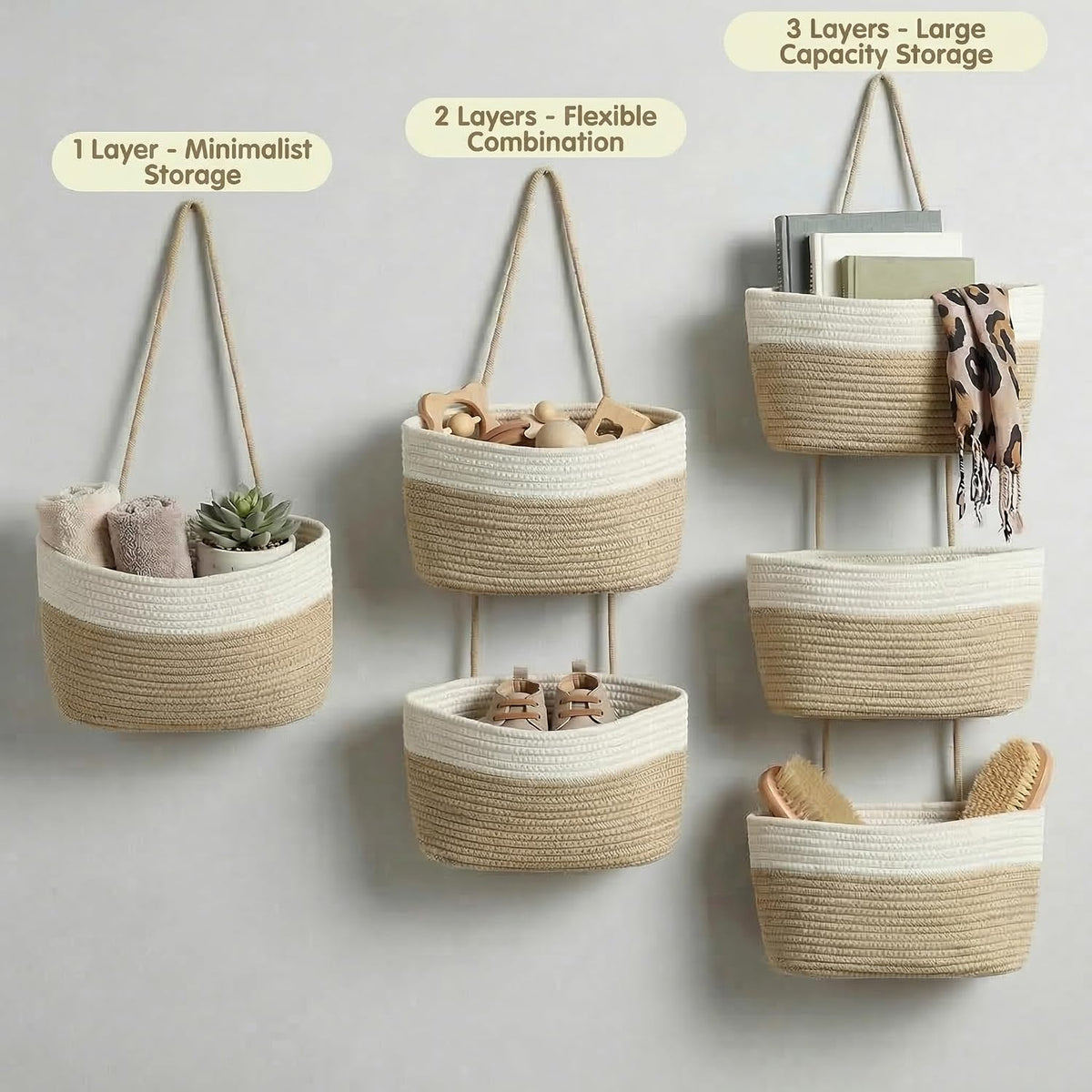 Hanging Basket, Over Door Organizer, 3 -Tier Wall Basket with Hooks