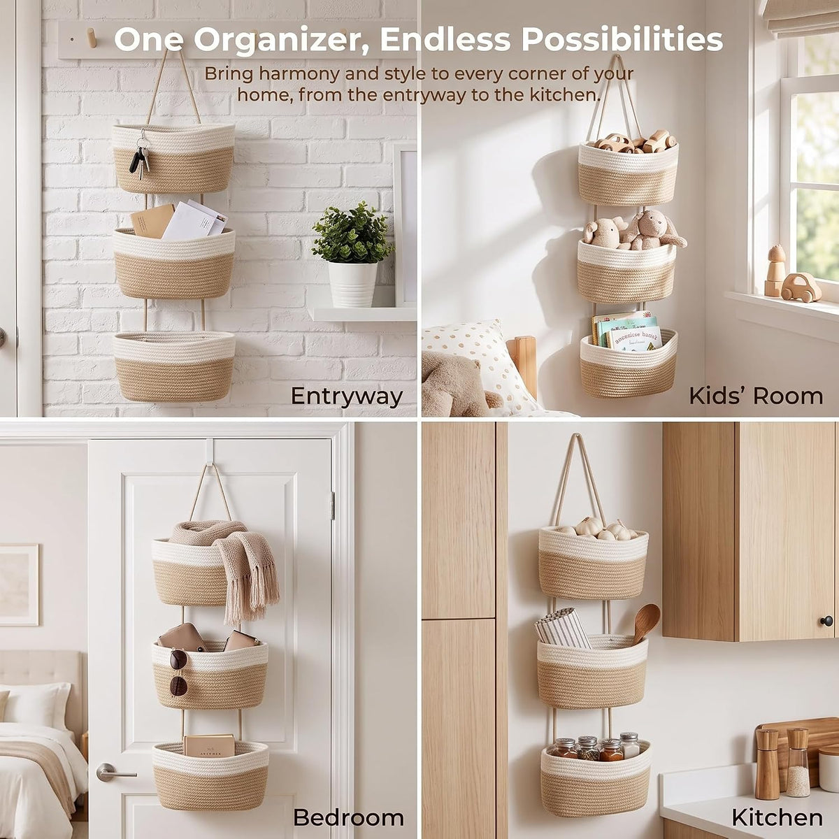 Hanging Basket, Over Door Organizer, 3 -Tier Wall Basket with Hooks