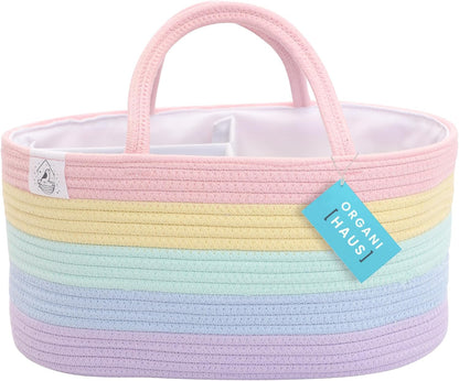 Pastel Rainbow Rope Diaper Caddy Organizer, Nursery Basket