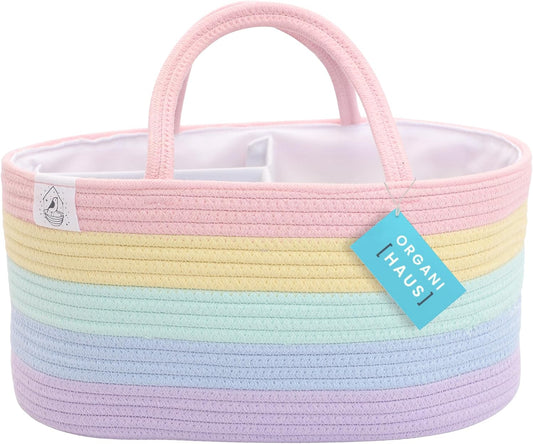 Pastel Rainbow Rope Diaper Caddy Organizer, Nursery Basket