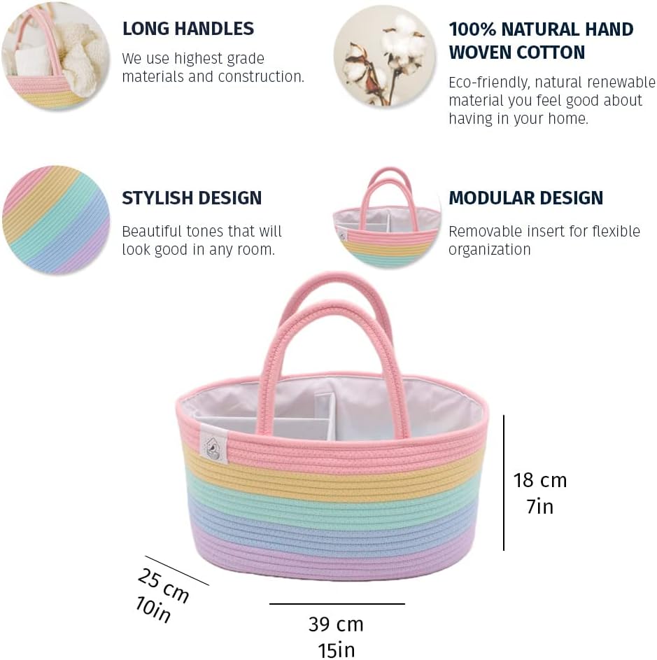 Pastel Rainbow Rope Diaper Caddy Organizer, Nursery Basket