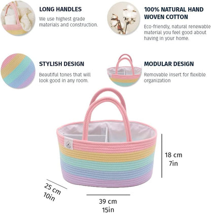 Pastel Rainbow Rope Diaper Caddy Organizer, Nursery Basket