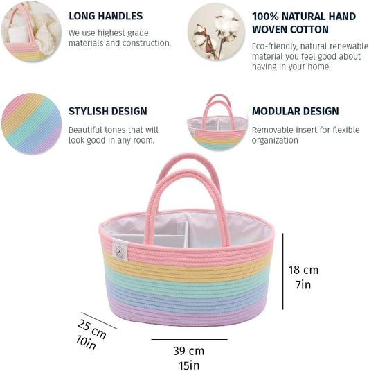 Pastel Rainbow Rope Diaper Caddy Organizer, Nursery Basket