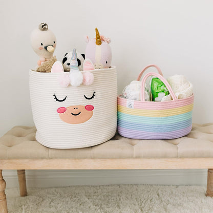 Pastel Rainbow Rope Diaper Caddy Organizer, Nursery Basket