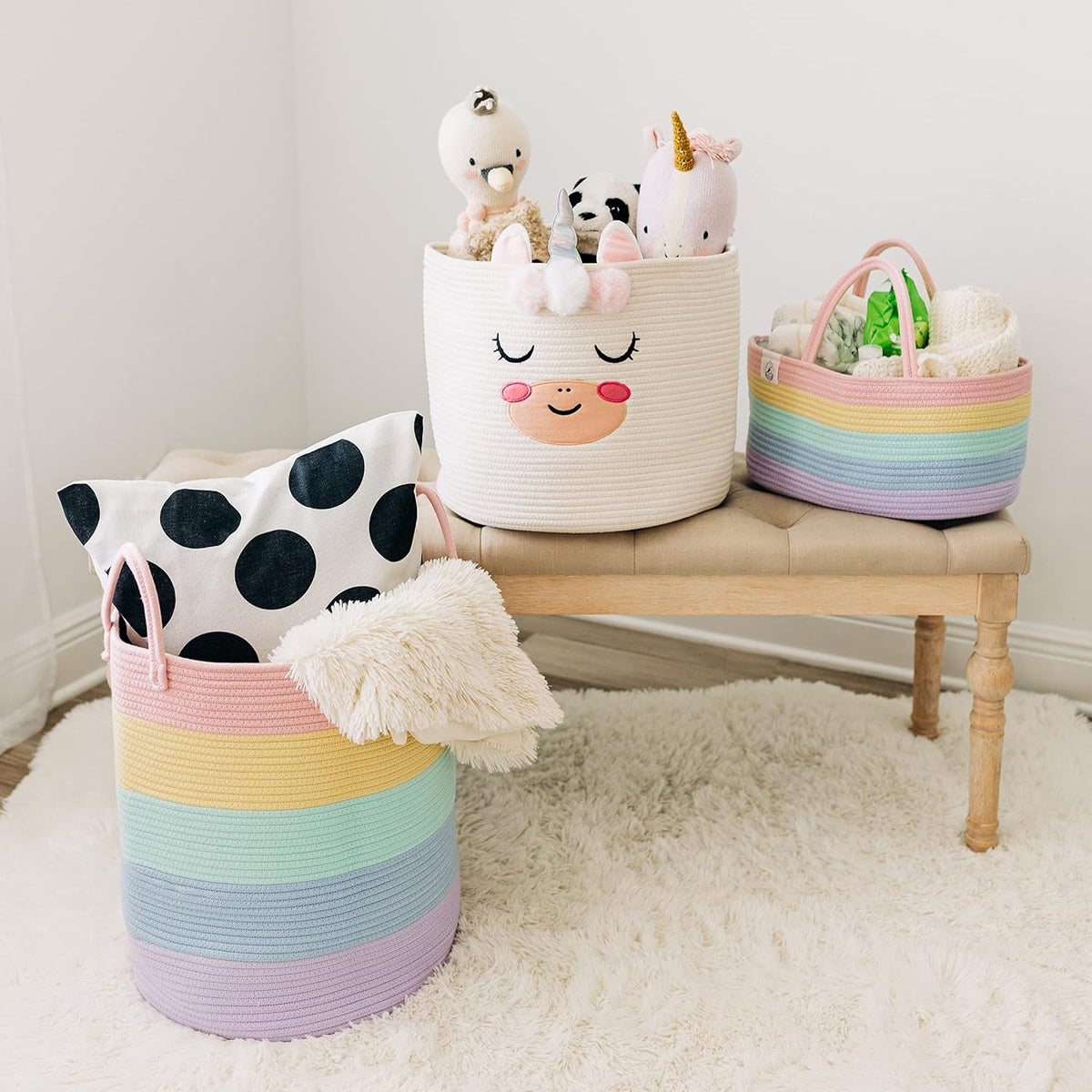 Pastel Rainbow Rope Diaper Caddy Organizer, Nursery Basket