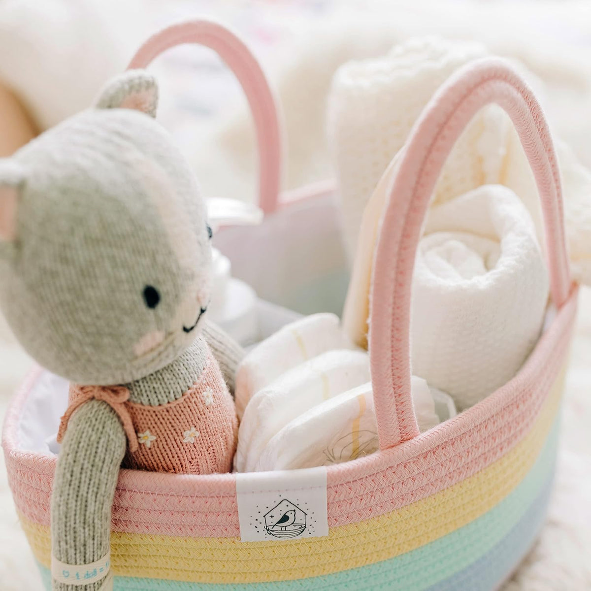 Pastel Rainbow Rope Diaper Caddy Organizer, Nursery Basket