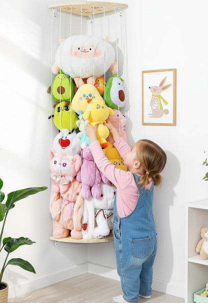 Wooden Stuffed Animal Storage Corner, Height Adjustable Plush Toy Organizer, Wall Mount Stuffed Animal Holder for Kids Room Playroom Nursery