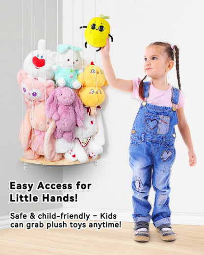 Wooden Stuffed Animal Storage Corner, Height Adjustable Plush Toy Organizer, Wall Mount Stuffed Animal Holder for Kids Room Playroom Nursery