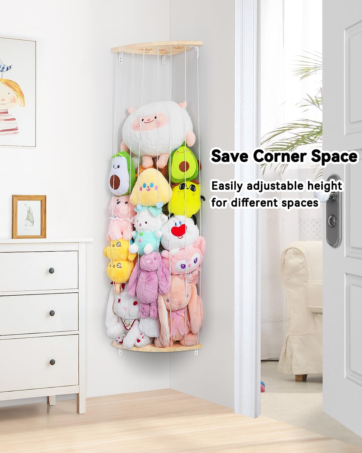 Wooden Stuffed Animal Storage Corner, Height Adjustable Plush Toy Organizer, Wall Mount Stuffed Animal Holder for Kids Room Playroom Nursery
