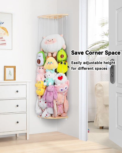 Wooden Stuffed Animal Storage Corner, Height Adjustable Plush Toy Organizer, Wall Mount Stuffed Animal Holder for Kids Room Playroom Nursery