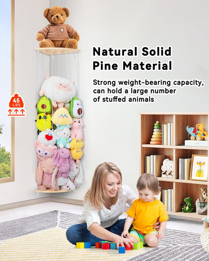 Wooden Stuffed Animal Storage Corner, Height Adjustable Plush Toy Organizer, Wall Mount Stuffed Animal Holder for Kids Room Playroom Nursery
