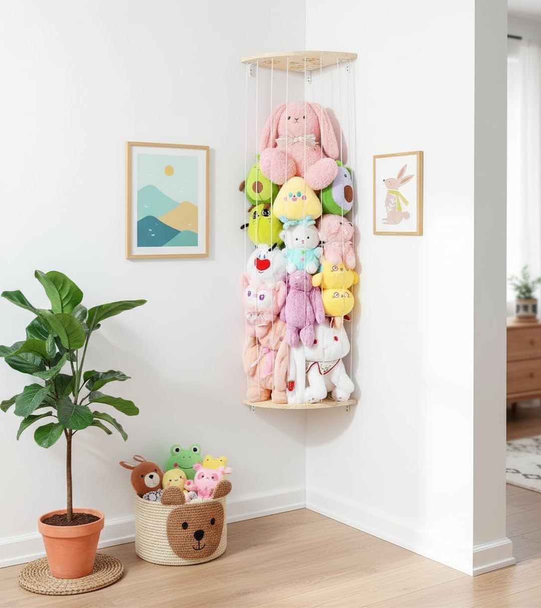 Wooden Stuffed Animal Storage Corner, Height Adjustable Plush Toy Organizer, Wall Mount Stuffed Animal Holder for Kids Room Playroom Nursery