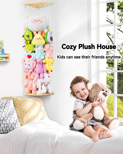 Wooden Stuffed Animal Storage Corner, Height Adjustable Plush Toy Organizer, Wall Mount Stuffed Animal Holder for Kids Room Playroom Nursery
