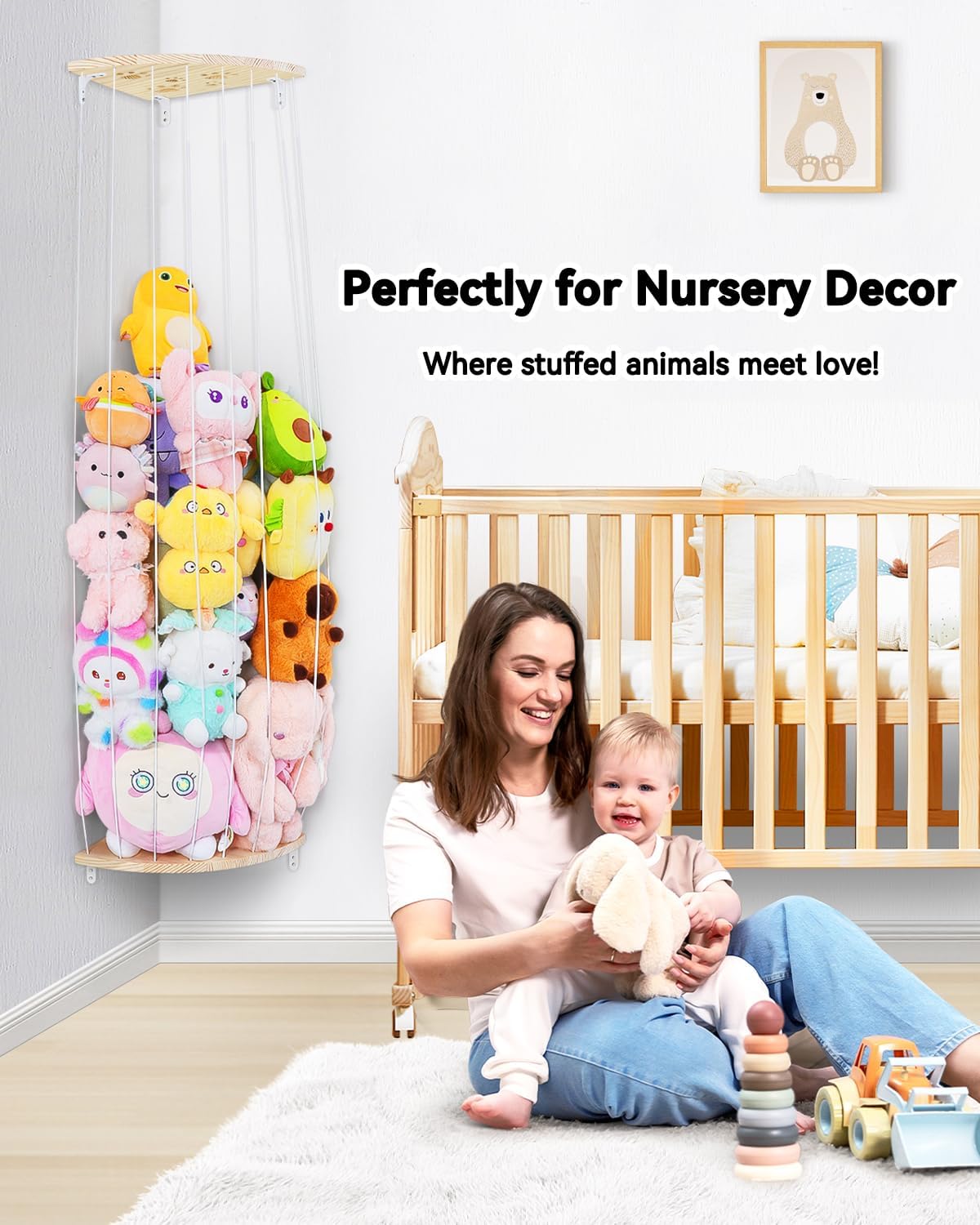 Wooden Stuffed Animal Storage Corner, Height Adjustable Plush Toy Organizer, Wall Mount Stuffed Animal Holder for Kids Room Playroom Nursery