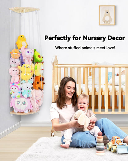 Wooden Stuffed Animal Storage Corner, Height Adjustable Plush Toy Organizer, Wall Mount Stuffed Animal Holder for Kids Room Playroom Nursery