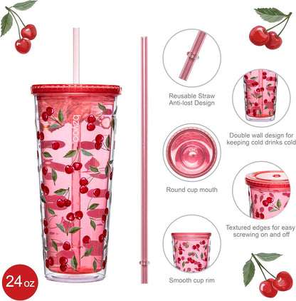 24oz Plastic Tumbler Cup, Lid & Straw, Iced Coffee, Purple Butterfly | SIP Double wall reusable cup for iced tea and smoothies. BPA-free, 710ml, dishwasher safe, fits cup holders.