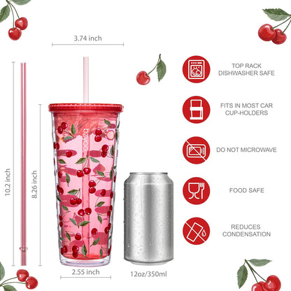 24oz Plastic Tumbler Cup, Lid & Straw, Iced Coffee, Purple Butterfly | SIP Double wall reusable cup for iced tea and smoothies. BPA-free, 710ml, dishwasher safe, fits cup holders.