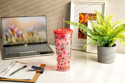 24oz Plastic Tumbler Cup, Lid & Straw, Iced Coffee, Purple Butterfly | SIP Double wall reusable cup for iced tea and smoothies. BPA-free, 710ml, dishwasher safe, fits cup holders.