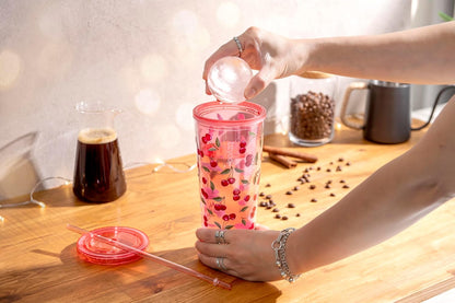 24oz Plastic Tumbler Cup, Lid & Straw, Iced Coffee, Purple Butterfly | SIP Double wall reusable cup for iced tea and smoothies. BPA-free, 710ml, dishwasher safe, fits cup holders.
