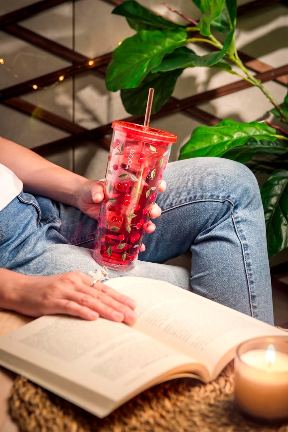 24oz Plastic Tumbler Cup, Lid & Straw, Iced Coffee, Purple Butterfly | SIP Double wall reusable cup for iced tea and smoothies. BPA-free, 710ml, dishwasher safe, fits cup holders.