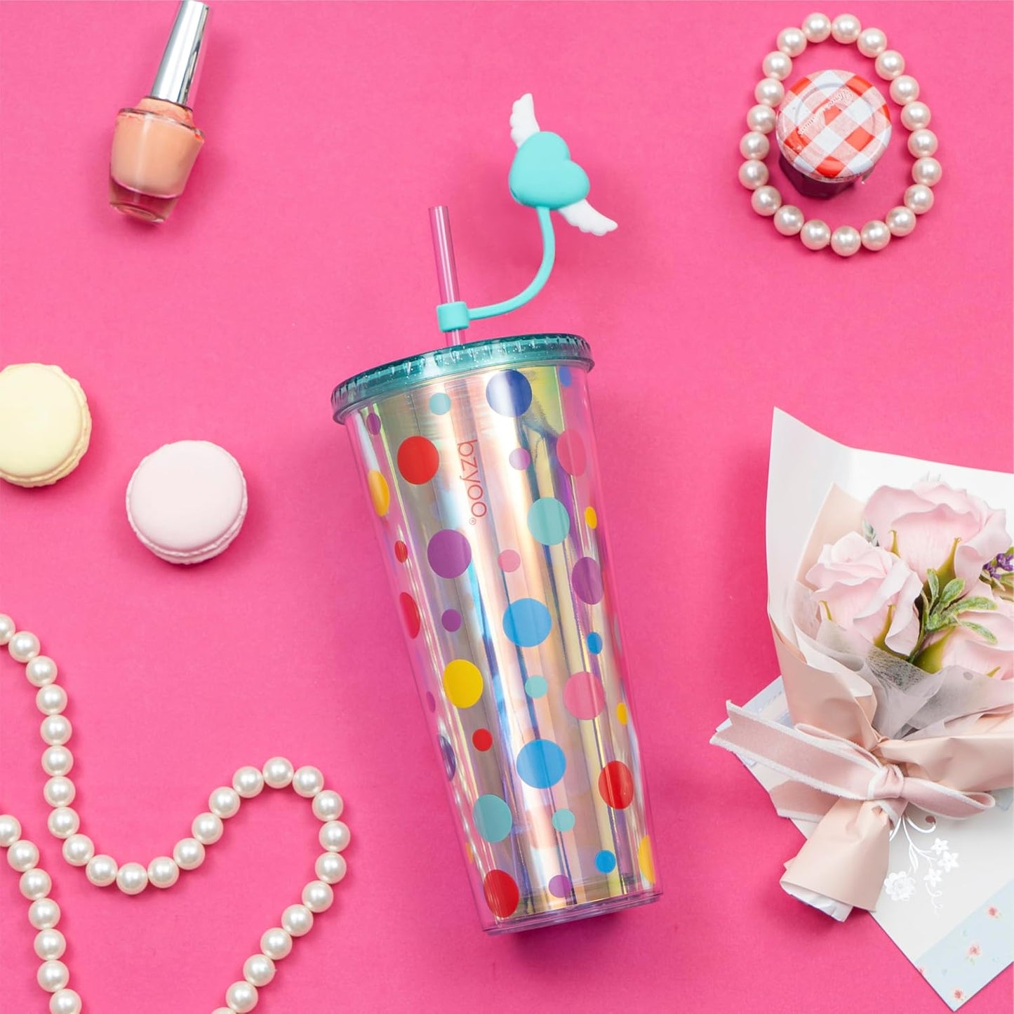 24oz Plastic Tumbler Cup, Lid & Straw, Iced Coffee, Purple Butterfly | SIP Double wall reusable cup for iced tea and smoothies. BPA-free, 710ml, dishwasher safe, fits cup holders.