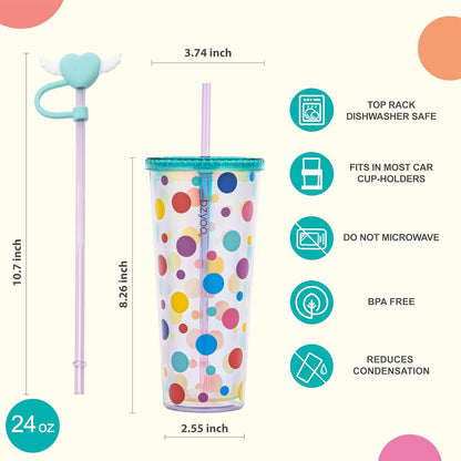 24oz Plastic Tumbler Cup, Lid & Straw, Iced Coffee, Purple Butterfly | SIP Double wall reusable cup for iced tea and smoothies. BPA-free, 710ml, dishwasher safe, fits cup holders.