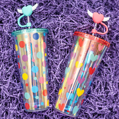 24oz Plastic Tumbler Cup, Lid & Straw, Iced Coffee, Purple Butterfly | SIP Double wall reusable cup for iced tea and smoothies. BPA-free, 710ml, dishwasher safe, fits cup holders.