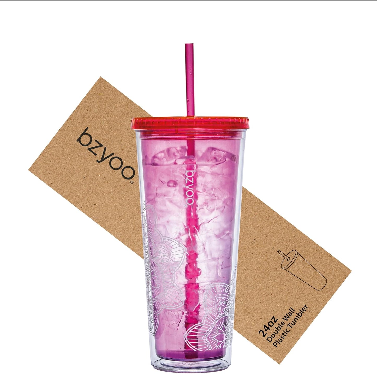 24oz Plastic Tumbler Cup, Lid & Straw, Iced Coffee, Purple Butterfly | SIP Double wall reusable cup for iced tea and smoothies. BPA-free, 710ml, dishwasher safe, fits cup holders.