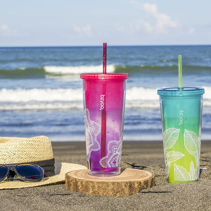 24oz Plastic Tumbler Cup, Lid & Straw, Iced Coffee, Purple Butterfly | SIP Double wall reusable cup for iced tea and smoothies. BPA-free, 710ml, dishwasher safe, fits cup holders.