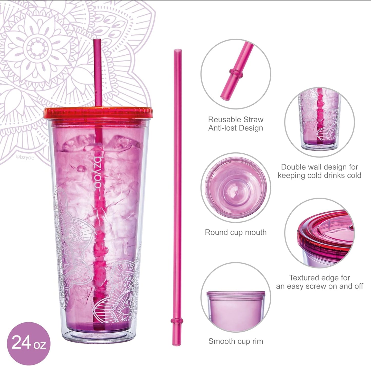 24oz Plastic Tumbler Cup, Lid & Straw, Iced Coffee, Purple Butterfly | SIP Double wall reusable cup for iced tea and smoothies. BPA-free, 710ml, dishwasher safe, fits cup holders.