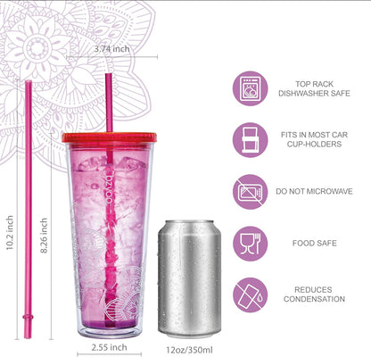 24oz Plastic Tumbler Cup, Lid & Straw, Iced Coffee, Purple Butterfly | SIP Double wall reusable cup for iced tea and smoothies. BPA-free, 710ml, dishwasher safe, fits cup holders.