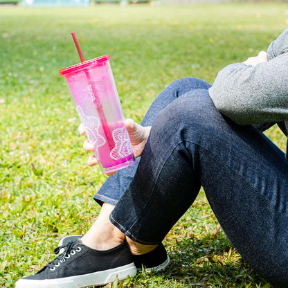 24oz Plastic Tumbler Cup, Lid & Straw, Iced Coffee, Purple Butterfly | SIP Double wall reusable cup for iced tea and smoothies. BPA-free, 710ml, dishwasher safe, fits cup holders.