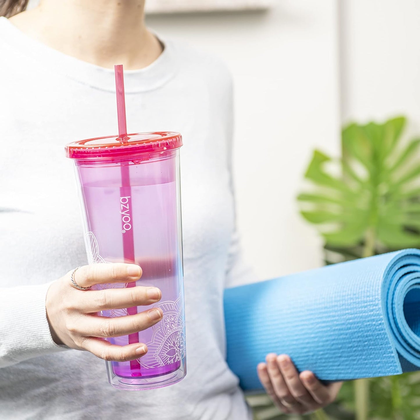 24oz Plastic Tumbler Cup, Lid & Straw, Iced Coffee, Purple Butterfly | SIP Double wall reusable cup for iced tea and smoothies. BPA-free, 710ml, dishwasher safe, fits cup holders.