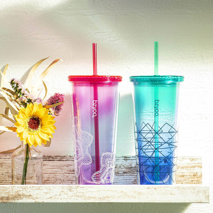 24oz Plastic Tumbler Cup, Lid & Straw, Iced Coffee, Purple Butterfly | SIP Double wall reusable cup for iced tea and smoothies. BPA-free, 710ml, dishwasher safe, fits cup holders.