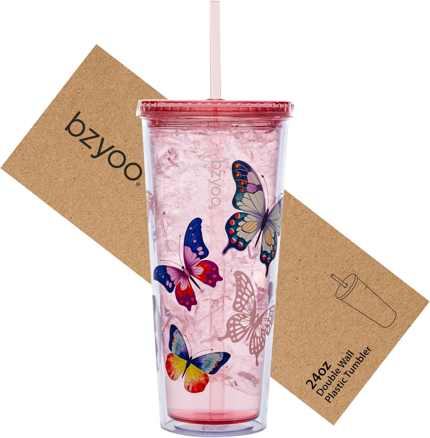 24oz Plastic Tumbler Cup, Lid & Straw, Iced Coffee, Purple Butterfly | SIP Double wall reusable cup for iced tea and smoothies. BPA-free, 710ml, dishwasher safe, fits cup holders.