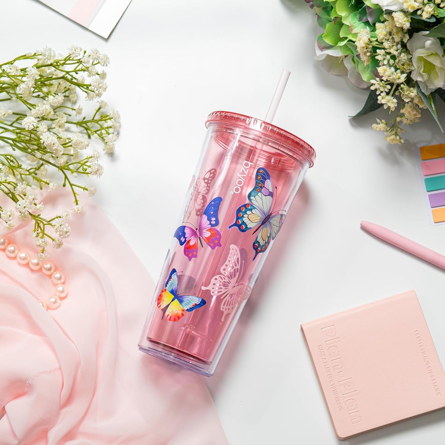 24oz Plastic Tumbler Cup, Lid & Straw, Iced Coffee, Purple Butterfly | SIP Double wall reusable cup for iced tea and smoothies. BPA-free, 710ml, dishwasher safe, fits cup holders.