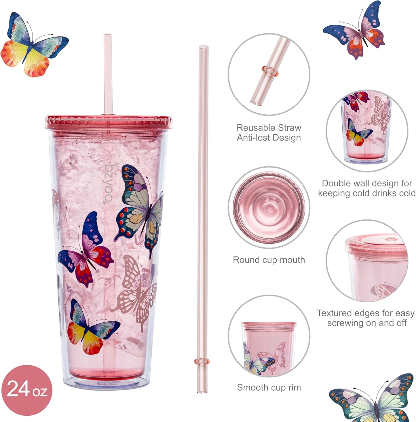 24oz Plastic Tumbler Cup, Lid & Straw, Iced Coffee, Purple Butterfly | SIP Double wall reusable cup for iced tea and smoothies. BPA-free, 710ml, dishwasher safe, fits cup holders.