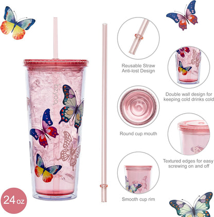 24oz Plastic Tumbler Cup, Lid & Straw, Iced Coffee, Purple Butterfly | SIP Double wall reusable cup for iced tea and smoothies. BPA-free, 710ml, dishwasher safe, fits cup holders.