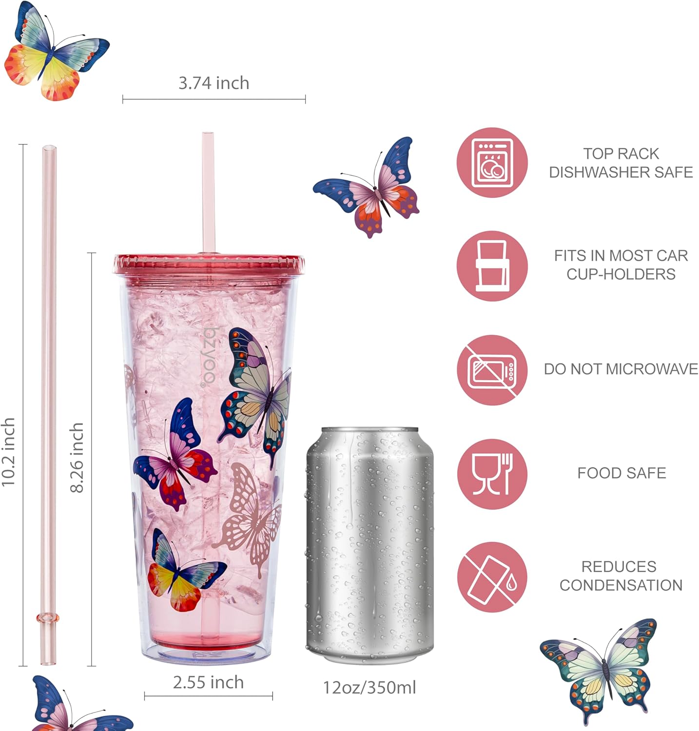 24oz Plastic Tumbler Cup, Lid & Straw, Iced Coffee, Purple Butterfly | SIP Double wall reusable cup for iced tea and smoothies. BPA-free, 710ml, dishwasher safe, fits cup holders.