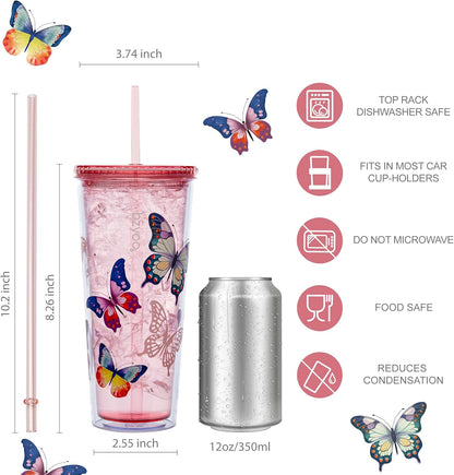24oz Plastic Tumbler Cup, Lid & Straw, Iced Coffee, Purple Butterfly | SIP Double wall reusable cup for iced tea and smoothies. BPA-free, 710ml, dishwasher safe, fits cup holders.