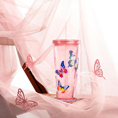 24oz Plastic Tumbler Cup, Lid & Straw, Iced Coffee, Purple Butterfly | SIP Double wall reusable cup for iced tea and smoothies. BPA-free, 710ml, dishwasher safe, fits cup holders.