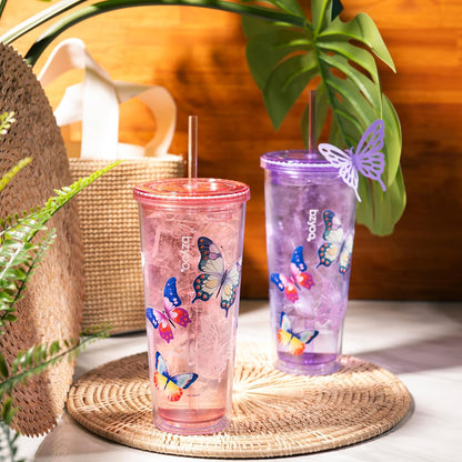 24oz Plastic Tumbler Cup, Lid & Straw, Iced Coffee, Purple Butterfly | SIP Double wall reusable cup for iced tea and smoothies. BPA-free, 710ml, dishwasher safe, fits cup holders.