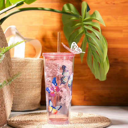 24oz Plastic Tumbler Cup, Lid & Straw, Iced Coffee, Purple Butterfly | SIP Double wall reusable cup for iced tea and smoothies. BPA-free, 710ml, dishwasher safe, fits cup holders.