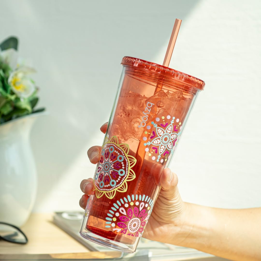 24oz Plastic Tumbler Cup, Lid & Straw, Iced Coffee, Purple Butterfly | SIP Double wall reusable cup for iced tea and smoothies. BPA-free, 710ml, dishwasher safe, fits cup holders.