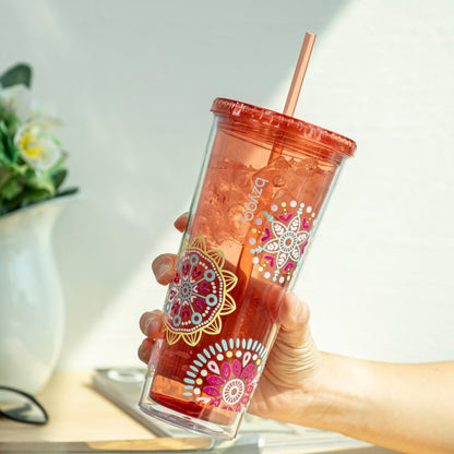 24oz Plastic Tumbler Cup, Lid & Straw, Iced Coffee, Purple Butterfly | SIP Double wall reusable cup for iced tea and smoothies. BPA-free, 710ml, dishwasher safe, fits cup holders.