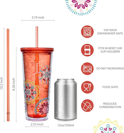 24oz Plastic Tumbler Cup, Lid & Straw, Iced Coffee, Purple Butterfly | SIP Double wall reusable cup for iced tea and smoothies. BPA-free, 710ml, dishwasher safe, fits cup holders.