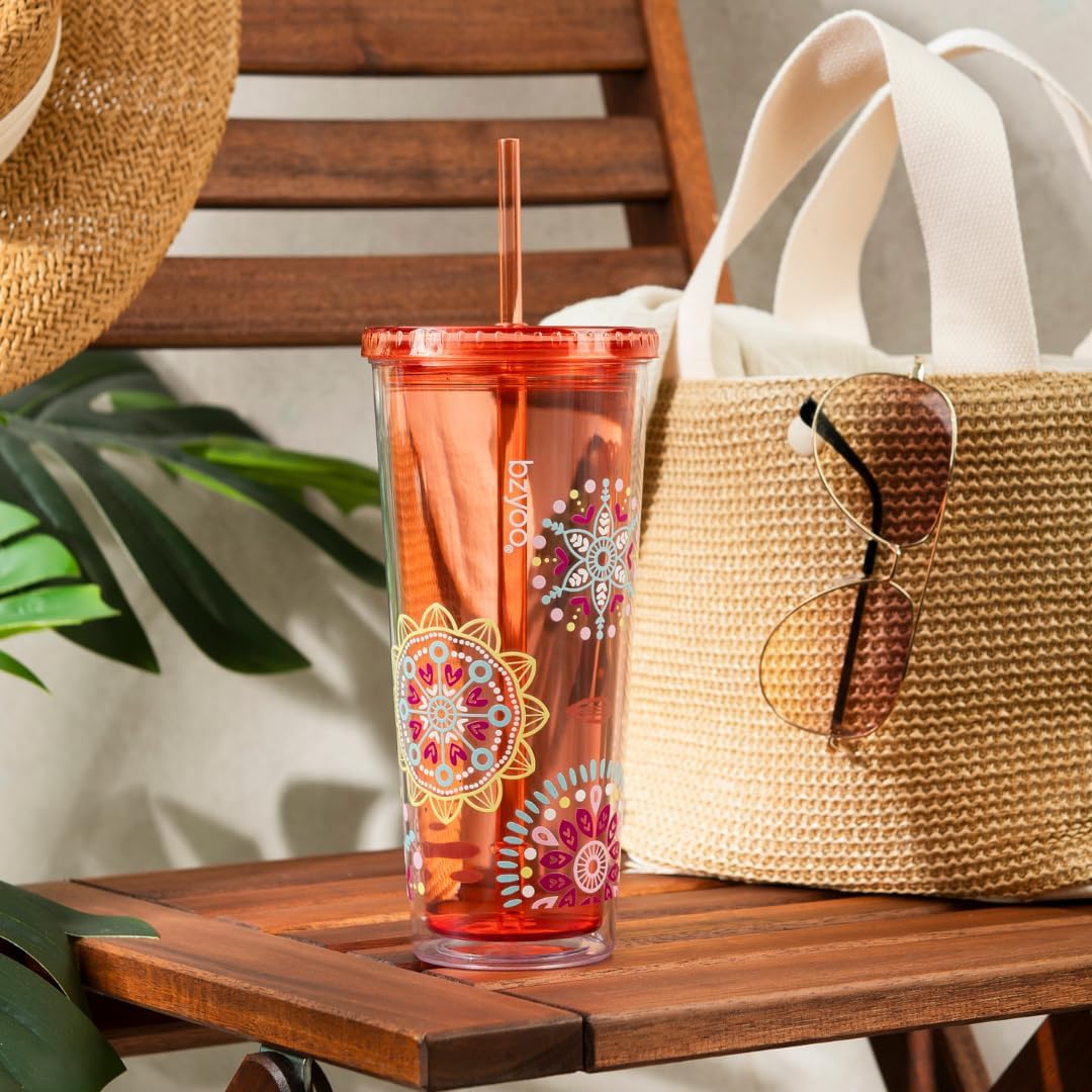 24oz Plastic Tumbler Cup, Lid & Straw, Iced Coffee, Purple Butterfly | SIP Double wall reusable cup for iced tea and smoothies. BPA-free, 710ml, dishwasher safe, fits cup holders.