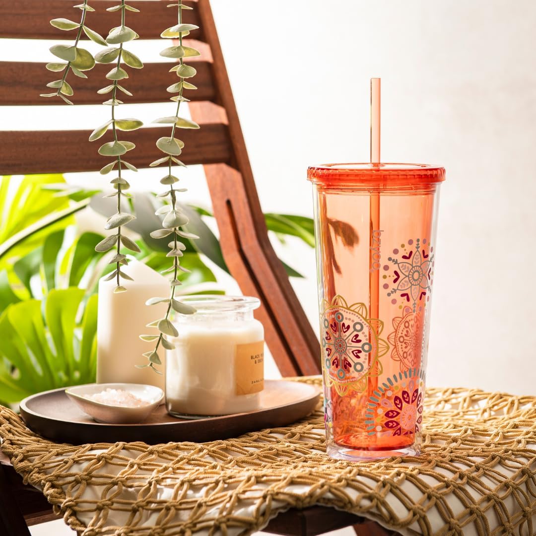 24oz Plastic Tumbler Cup, Lid & Straw, Iced Coffee, Purple Butterfly | SIP Double wall reusable cup for iced tea and smoothies. BPA-free, 710ml, dishwasher safe, fits cup holders.