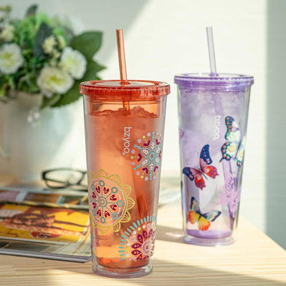 24oz Plastic Tumbler Cup, Lid & Straw, Iced Coffee, Purple Butterfly | SIP Double wall reusable cup for iced tea and smoothies. BPA-free, 710ml, dishwasher safe, fits cup holders.