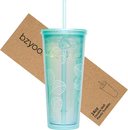 24oz Plastic Tumbler Cup, Lid & Straw, Iced Coffee, Purple Butterfly | SIP Double wall reusable cup for iced tea and smoothies. BPA-free, 710ml, dishwasher safe, fits cup holders.